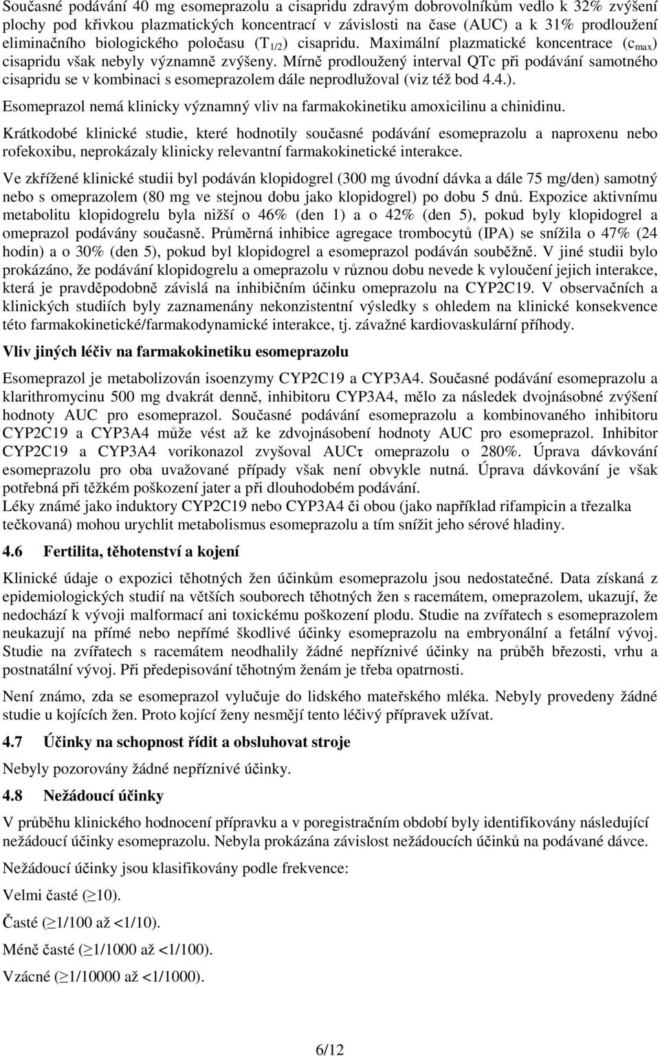 Mírně prodloužený interval QTc při podávání samotného cisapridu se v kombinaci s esomeprazolem dále neprodlužoval (viz též bod 4.4.).