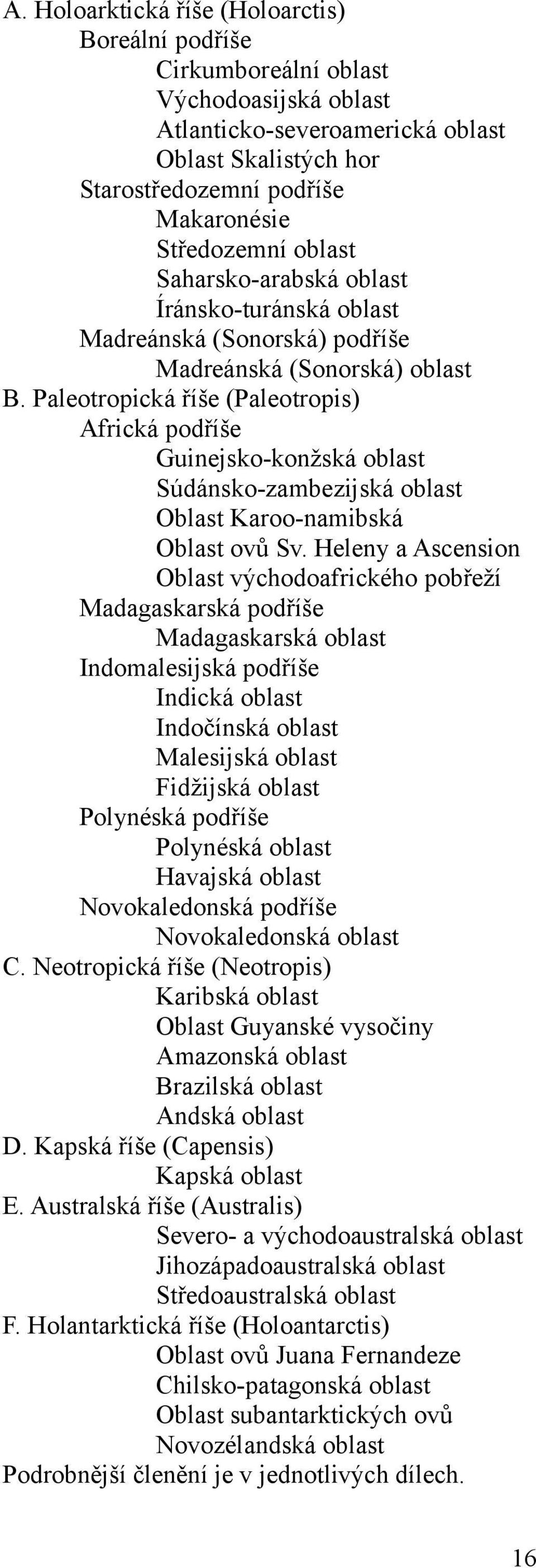 Paleotropická říše (Paleotropis) Africká podříše Guinejsko-konžská oblast Súdánsko-zambezijská oblast Oblast Karoo-namibská Oblast ovů Sv.