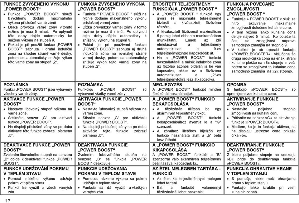 Pokud je při použití funkce POWER BOOST zapnuta i druhá indukční zóna na shodné straně varné desky, potom se automaticky snižuje výkon této varné zóny na stupeň 2.