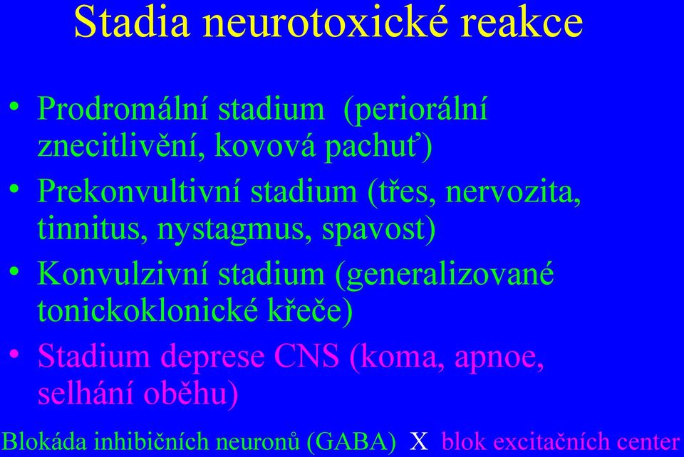 Konvulzivní stadium (generalizované tonickoklonické křeče) Stadium deprese CNS