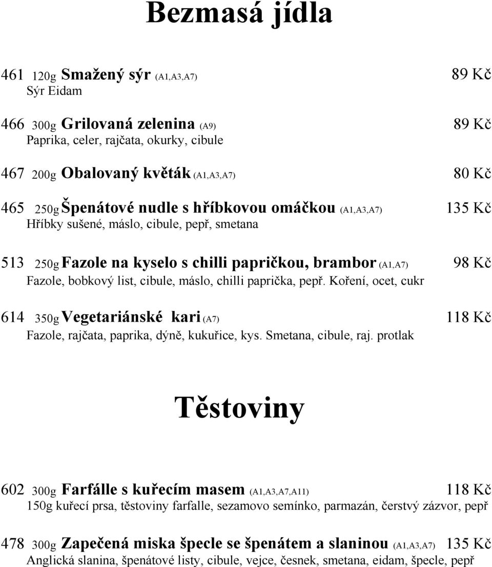 máslo, chilli paprička, pepř. Koření, ocet, cukr 614 350g Vegetariánské kari (A7) 118 Kč Fazole, rajčata, paprika, dýně, kukuřice, kys. Smetana, cibule, raj.