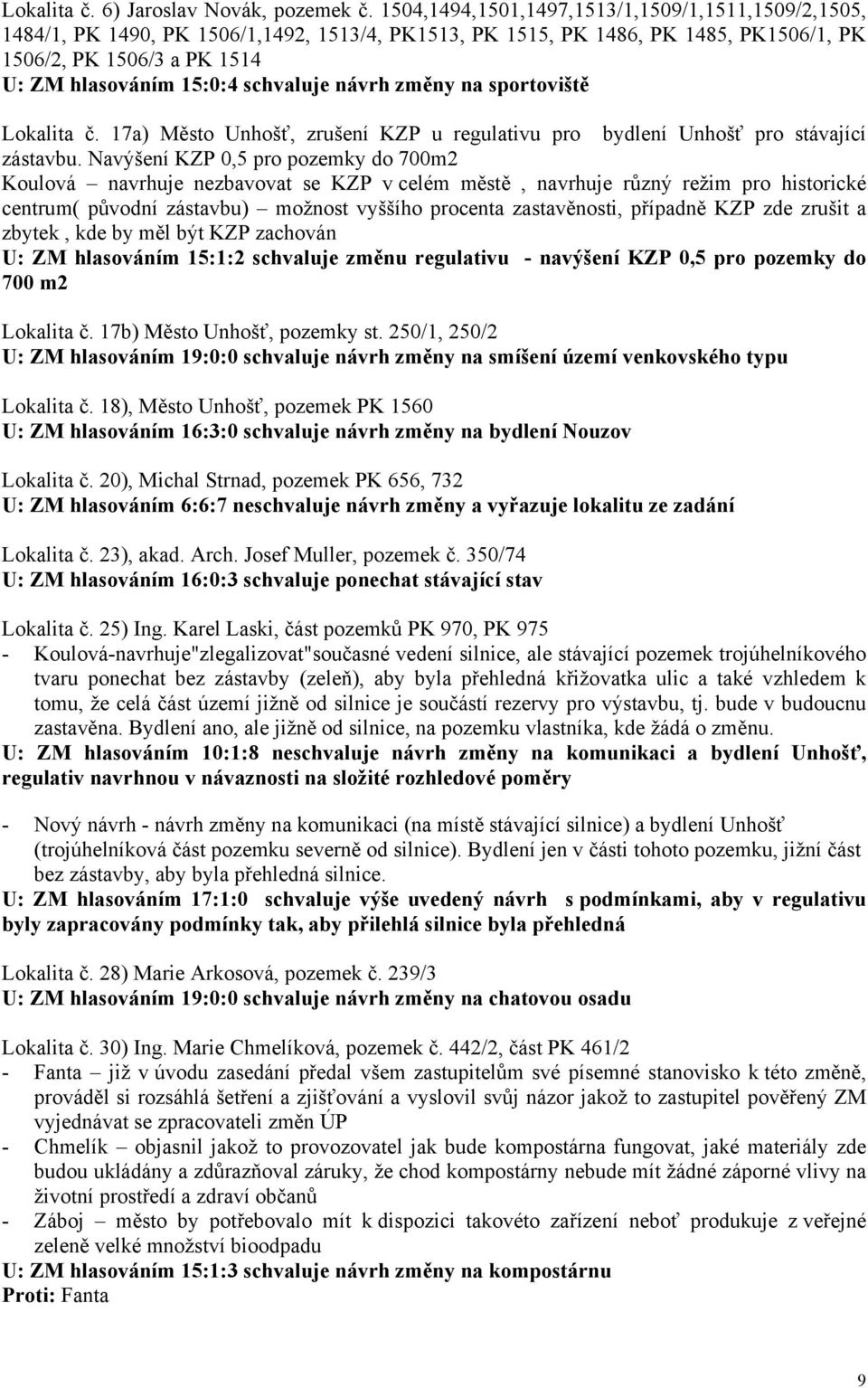 schvaluje návrh změny na sportoviště Lokalita č. 17a) Město Unhošť, zrušení KZP u regulativu pro bydlení Unhošť pro stávající zástavbu.