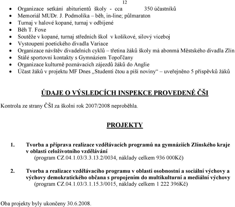 Stálé sportovní kontakty s Gymnáziem Topoľčany Organizace kulturně poznávacích zájezdů žáků do Anglie Účast žáků v projektu MF Dnes Studenti čtou a píší noviny uveřejněno 5 příspěvků žáků ÚDAJE O