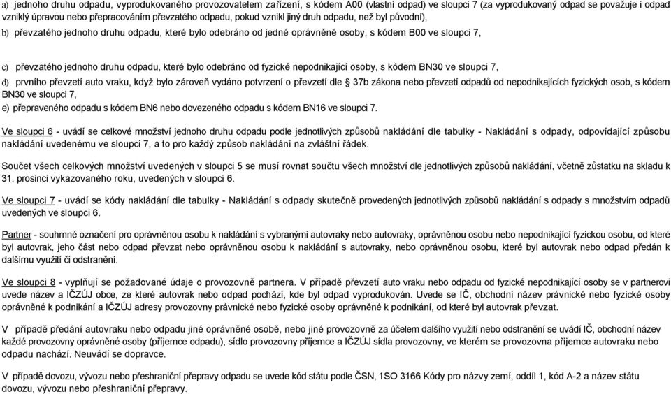 odpadu, které bylo odebráno od fyzické nepodnikající osoby, s kódem BN30 ve sloupci 7, d) prvního převzetí auto vraku, když bylo zároveň vydáno potvrzení o převzetí dle 37b zákona nebo převzetí