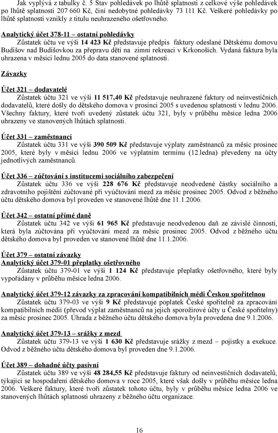 Analytický účet 378-11 ostatní pohledávky Zůstatek účtu ve výši 14 423 Kč představuje předpis faktury odeslané Dětskému domovu Budišov nad Budišovkou za přepravu dětí na zimní rekreaci v Krkonoších.