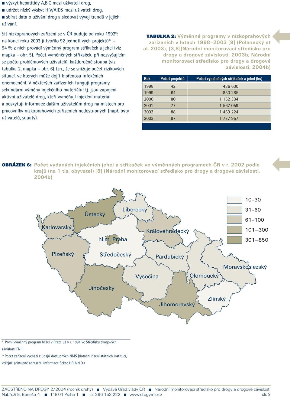 Počet vyměněných stříkaček, při nezvyšujícím se počtu problémových uživatelů, každoročně stoupá (viz tabulka 2, mapka obr. 6) tzn.