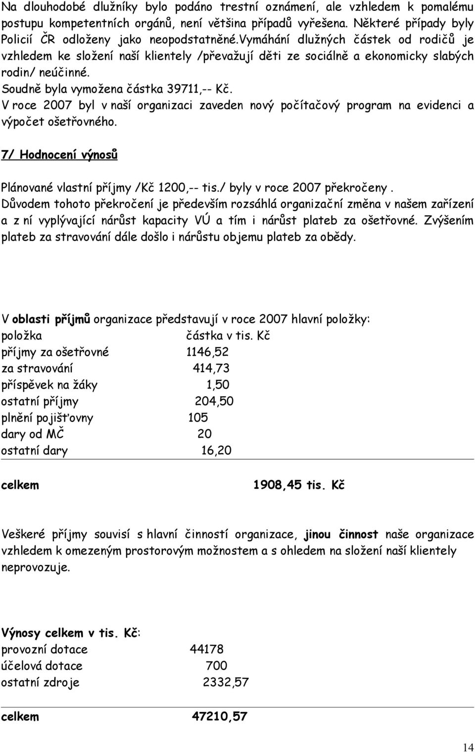 V roce 2007 byl v naší organizaci zaveden nový počítačový program na evidenci a výpočet ošetřovného. 7/ Hodnocení výnosů Plánované vlastní příjmy /Kč 1200,-- tis./ byly v roce 2007 překročeny.