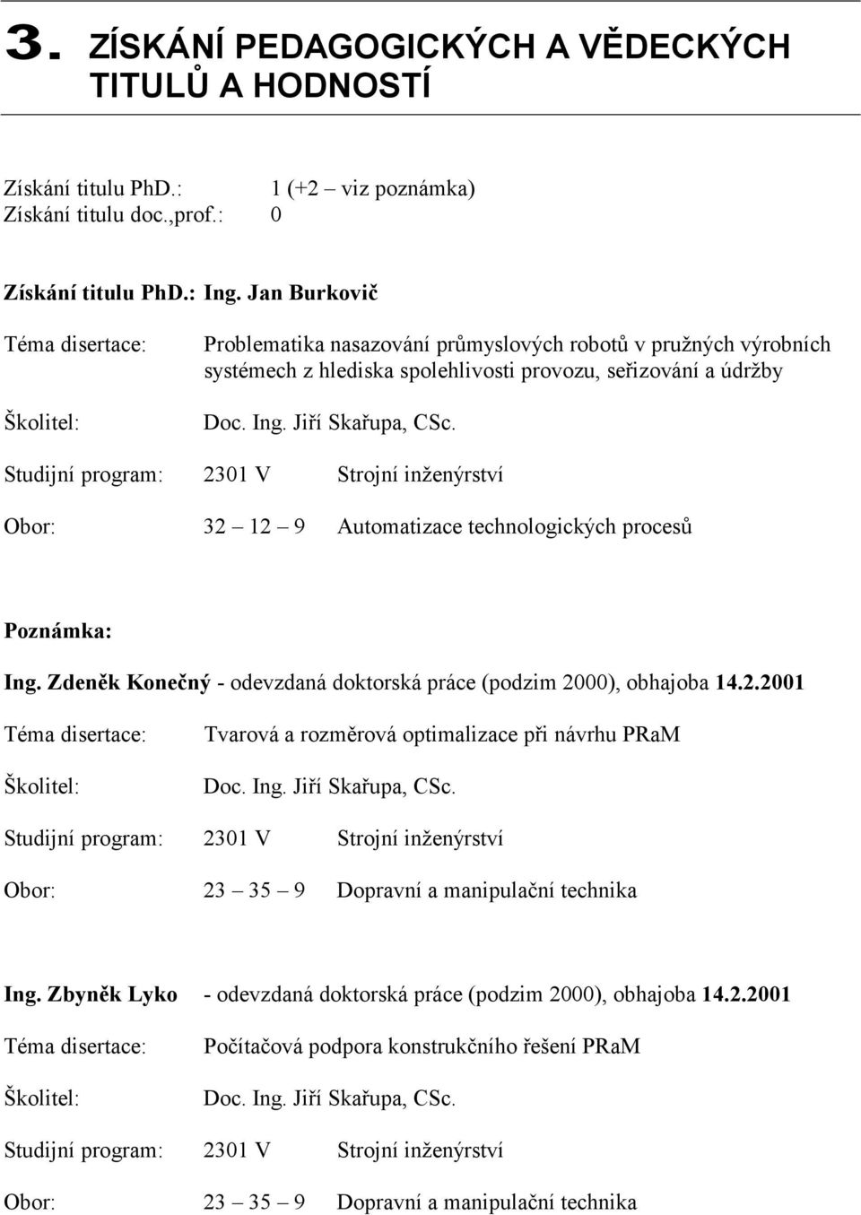 Studijní program: 2301 V Strojní inženýrství Obor: 32 12 9 Automatizace technologických procesů Poznámka: Ing. Zdeněk Konečný - odevzdaná doktorská práce (podzim 2000), obhajoba 14.2.2001 Téma disertace: Školitel: Tvarová a rozměrová optimalizace při návrhu PRaM Doc.