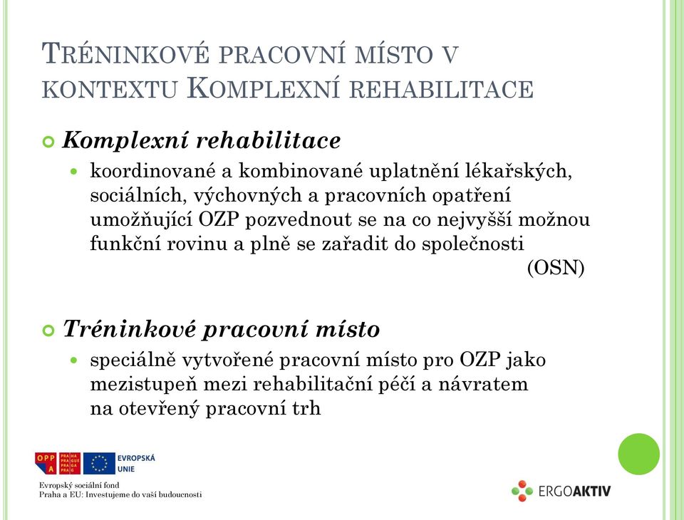 se na co nejvyšší možnou funkční rovinu a plně se zařadit do společnosti (OSN) Tréninkové pracovní místo