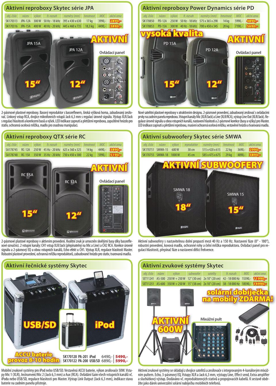 15A JPA 12A Ovládací panel Aktivní reproboxy Power Dynamics série PD obj. číslo název výkon fr.