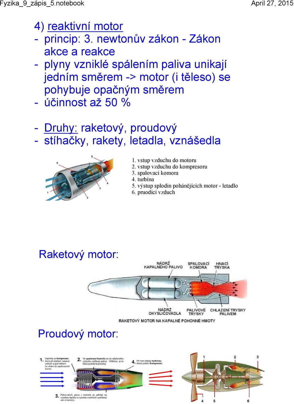 se pohybuje opačným směrem účinnost až 50 % Druhy: raketový, proudový stíhačky, rakety, letadla, vznášedla