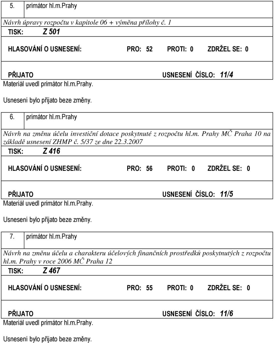 m. Prahy MČ Praha 10 na základě usnesení ZHMP č. 5/37 ze dne 22.3.2007 TISK: Z 416 HLASOVÁNÍ O USNESENÍ: PRO: 56 PROTI: 0 ZDRŽEL SE: 0 PŘIJATO USNESENÍ ČÍSLO: 11/5 Materiál uvedl primátor hl.m.prahy.