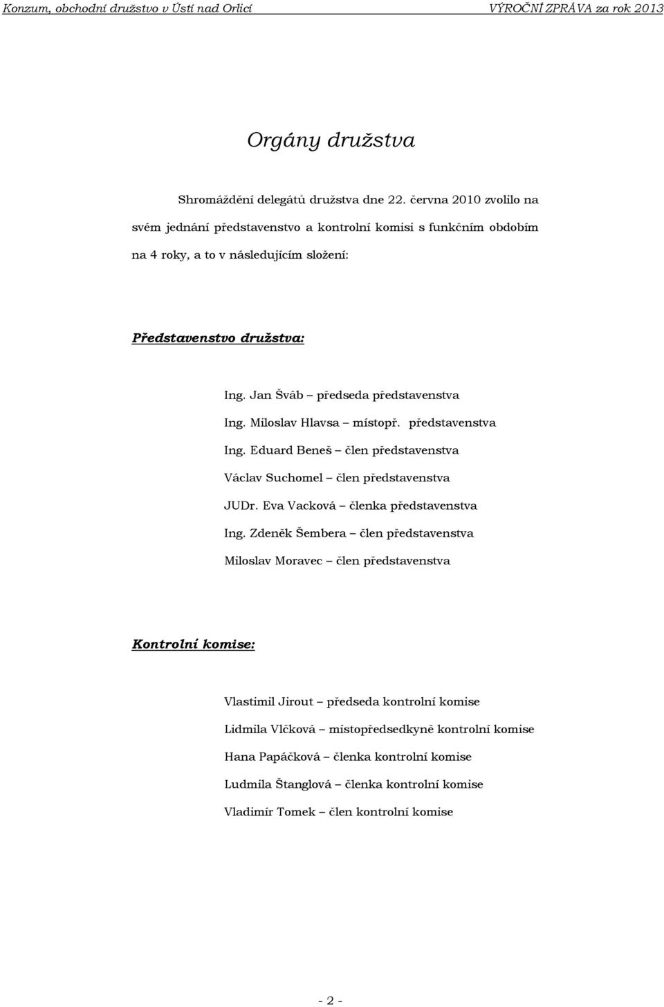 Miloslav Hlavsa místopř. představenstva Ing. Eduard Beneš člen představenstva Václav Suchomel člen představenstva JUDr. Eva Vacková členka představenstva Ing.