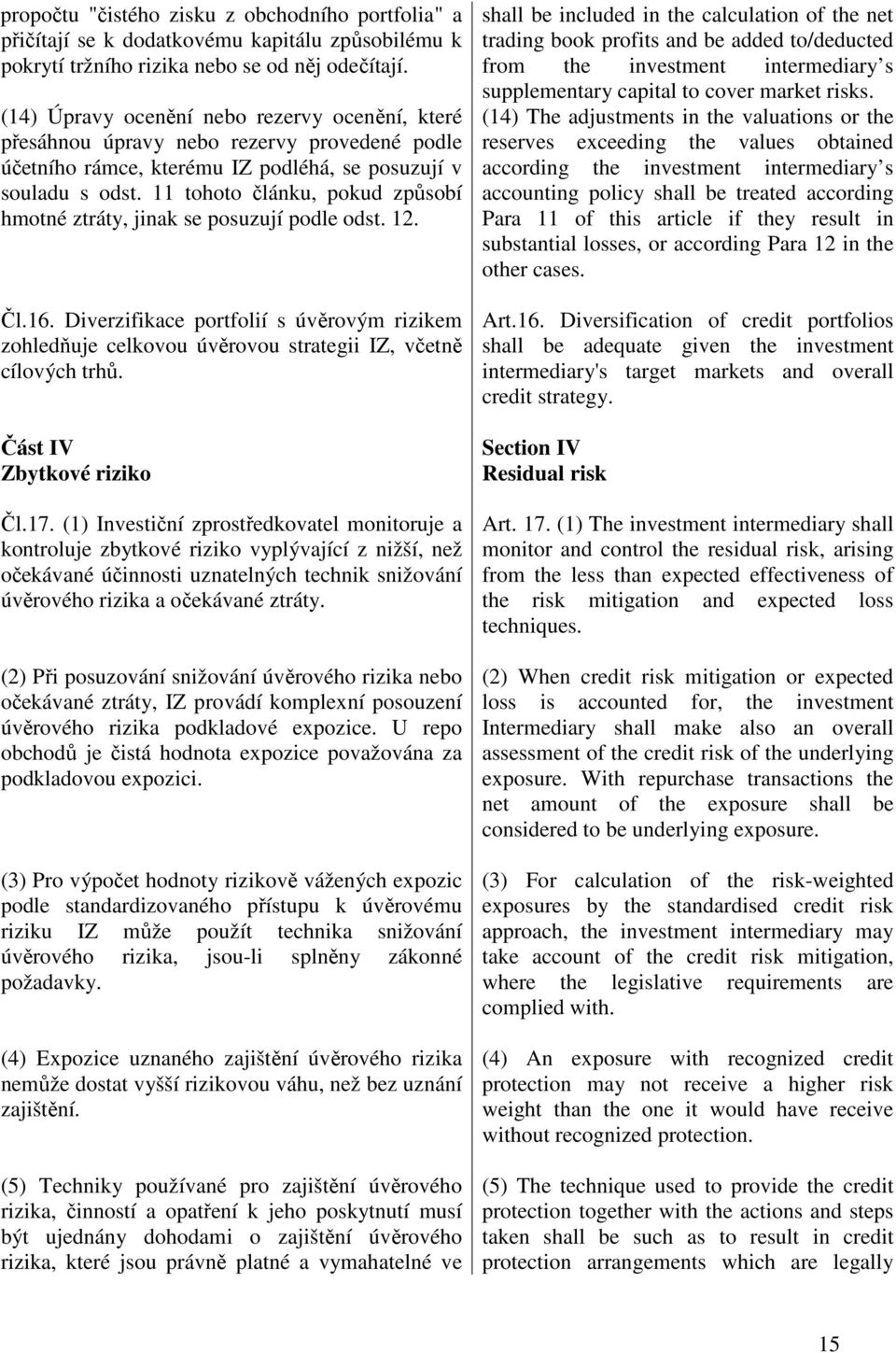 11 tohoto článku, pokud způsobí hmotné ztráty, jinak se posuzují podle odst. 12. Čl.16. Diverzifikace portfolií s úvěrovým rizikem zohledňuje celkovou úvěrovou strategii IZ, včetně cílových trhů.