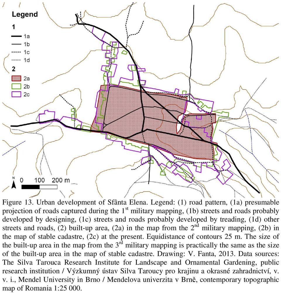 developed by treading, (1d) other streets and roads, (2) built-up area, (2a) in the map from the 2 nd military mapping, (2b) in the map of stable cadastre, (2c) at the present.