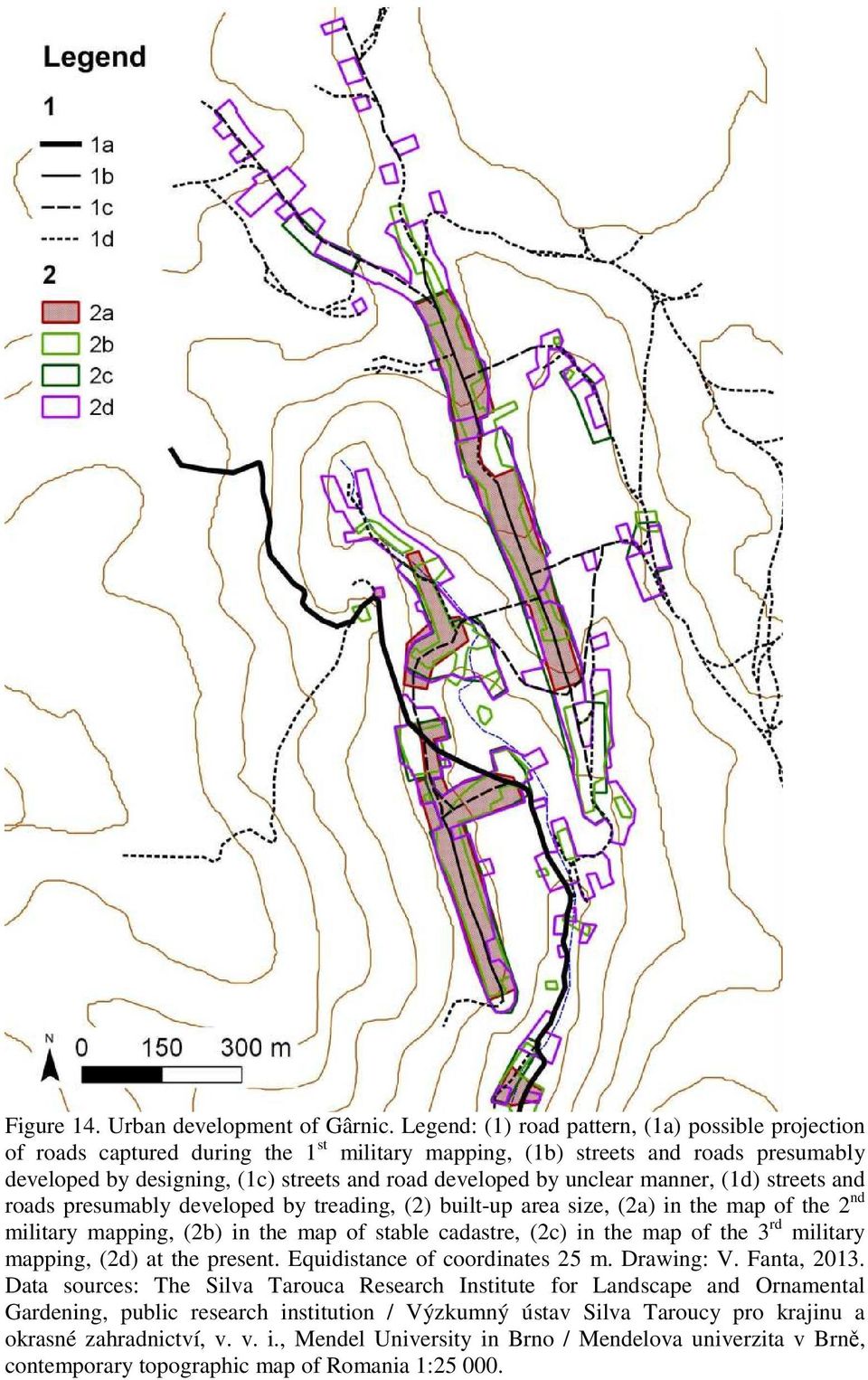 unclear manner, (1d) streets and roads presumably developed by treading, (2) built-up area size, (2a) in the map of the 2 nd military mapping, (2b) in the map of stable cadastre, (2c) in the map of