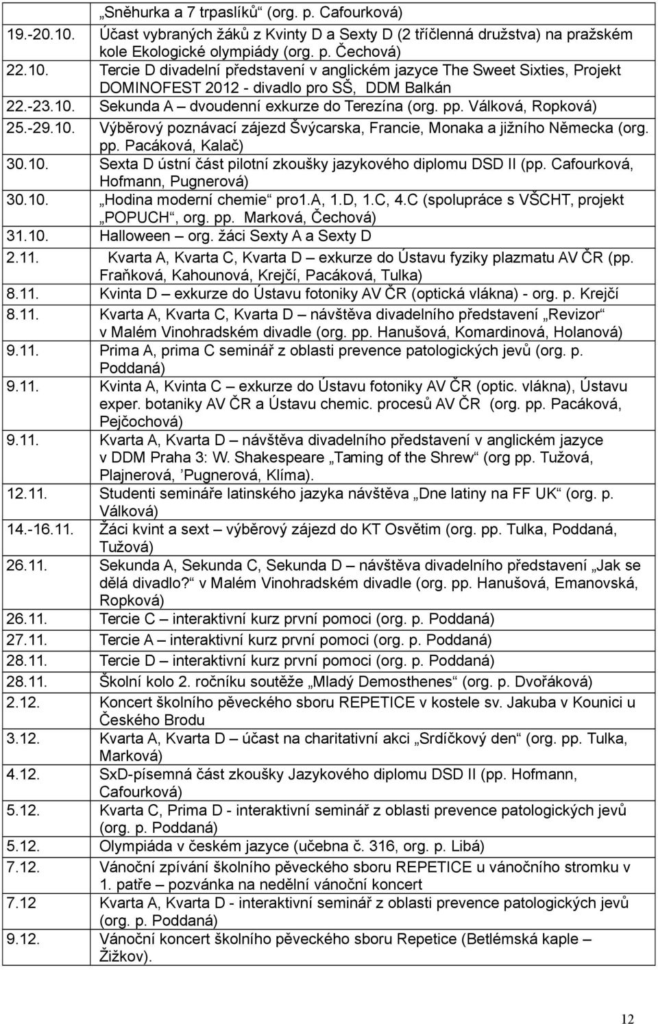 Cafourková, Hofmann, Pugnerová) 30.10. Hodina moderní chemie pro1.a, 1.D, 1.C, 4.C (spolupráce s VŠCHT, projekt POPUCH, org. pp. Marková, Čechová) 31.10. Halloween org. žáci Sexty A a Sexty D 2.11.