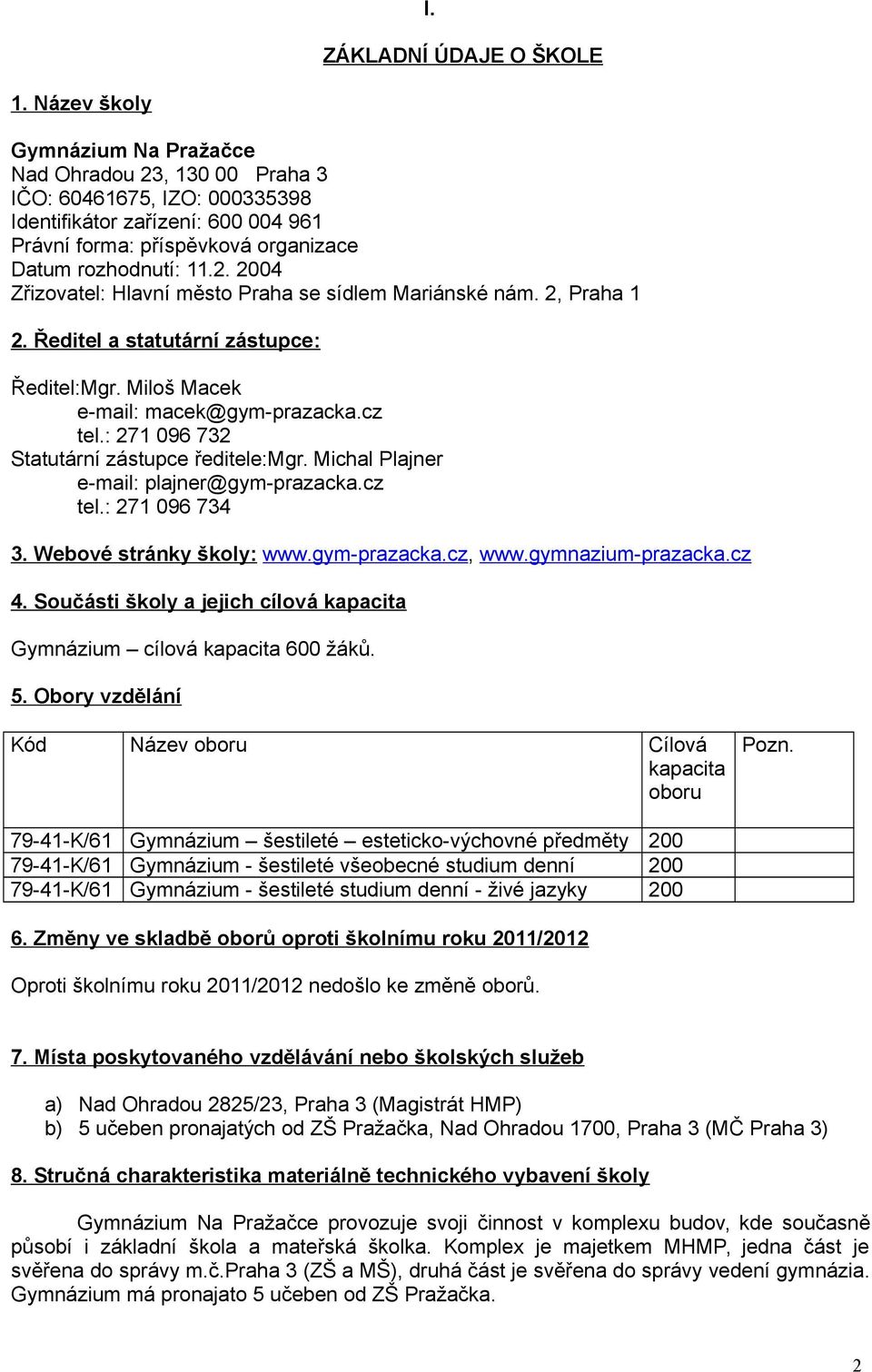 2, Praha 1 2. Ředitel a statutární zástupce: Ředitel:Mgr. Miloš Macek e-mail: macek@gym-prazacka.cz tel.: 271 096 732 Statutární zástupce ředitele:mgr. Michal Plajner e-mail: plajner@gym-prazacka.