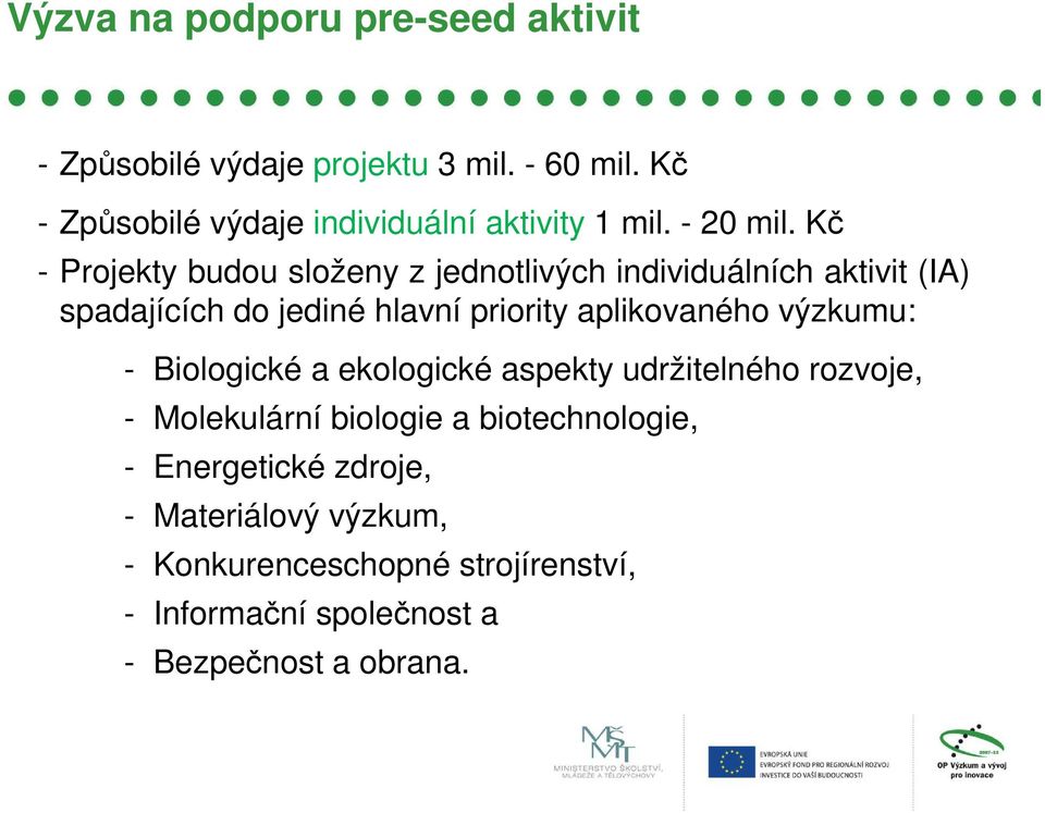 Kč - Projekty budou složeny z jednotlivých individuálních aktivit (IA) spadajících do jediné hlavní priority aplikovaného