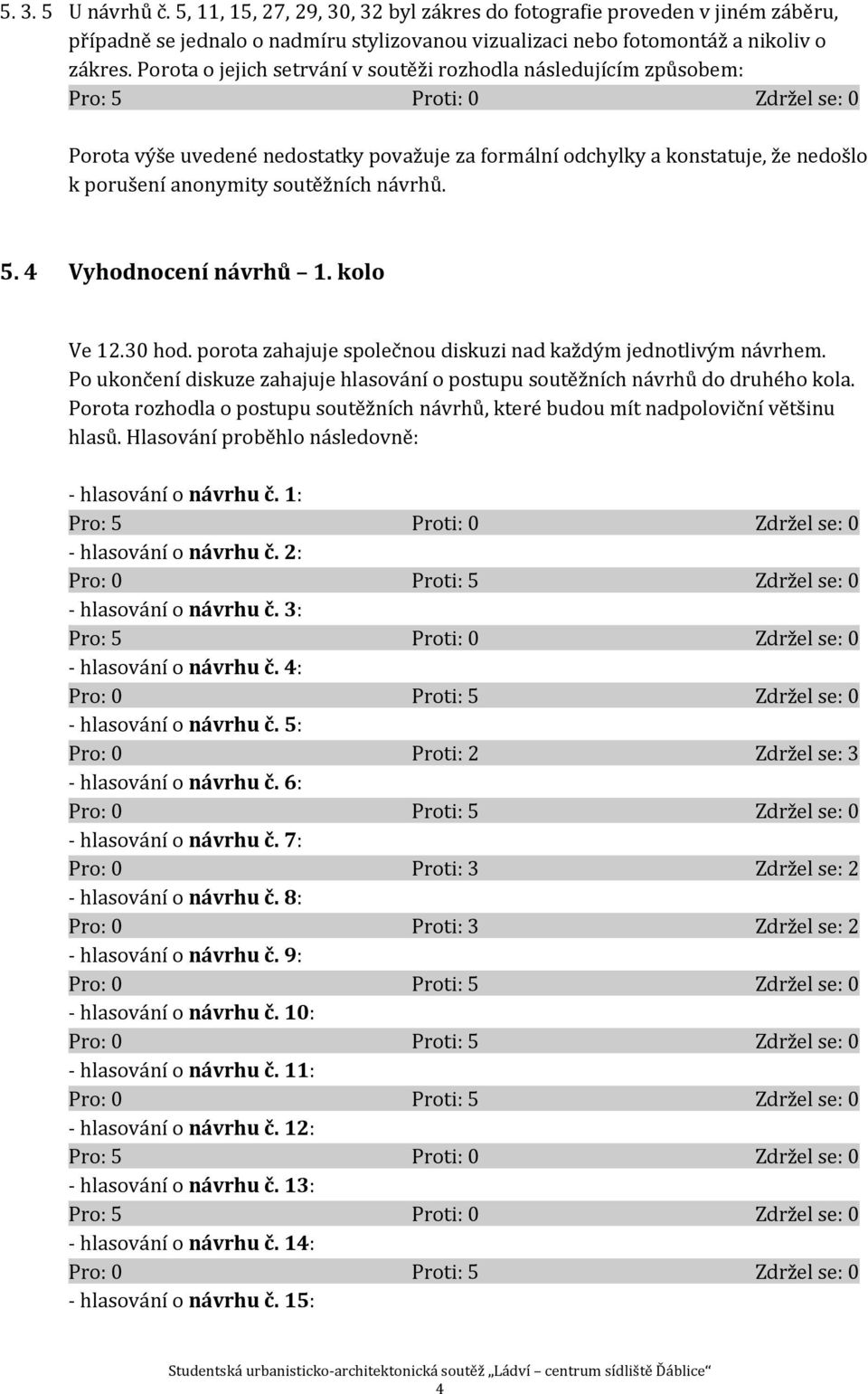 4 Vyhodnocení návrhů 1. kolo Ve 12.30 hod. porota zahajuje společnou diskuzi nad každým jednotlivým návrhem. Po ukončení diskuze zahajuje hlasování o postupu soutěžních návrhů do druhého kola.