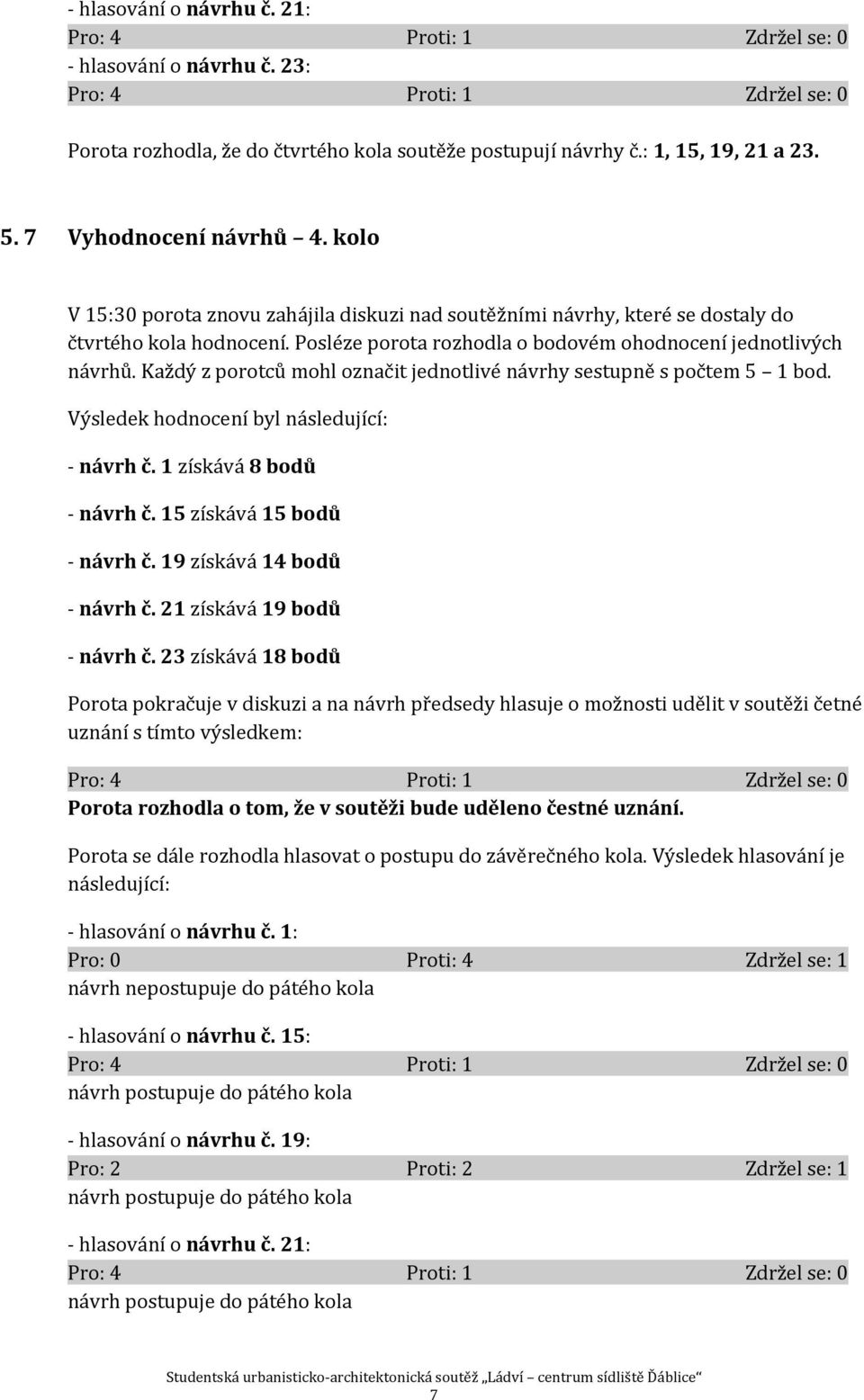 Každý z porotců mohl označit jednotlivé návrhy sestupně s počtem 5 1 bod. Výsledek hodnocení byl následující: návrh č. 1 získává 8 bodů návrh č. 15 získává 15 bodů návrh č. 19 získává 14 bodů návrh č.