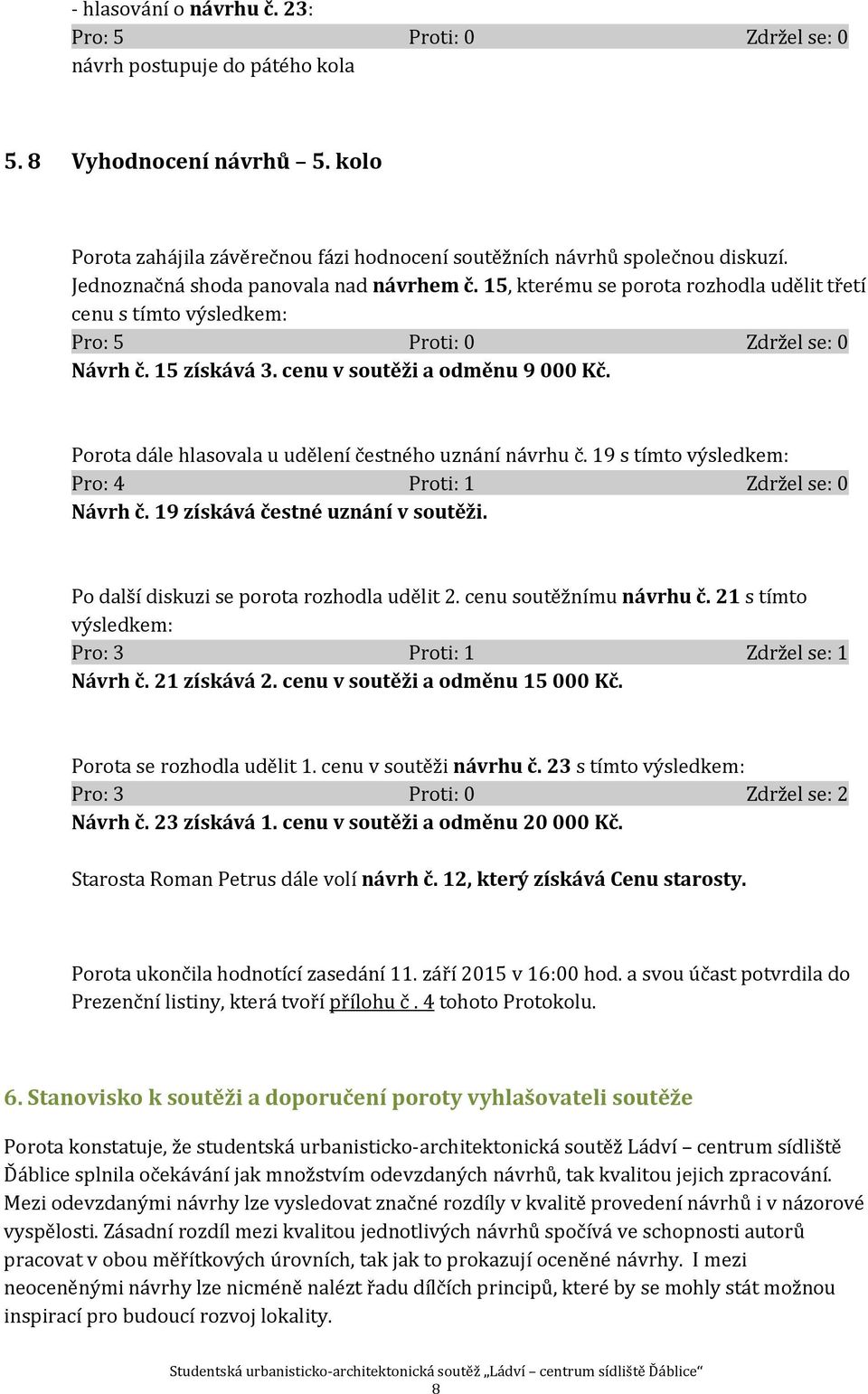 Porota dále hlasovala u udělení čestného uznání návrhu č. 19 s tímto výsledkem: Pro: 4 Proti: 1 Zdržel se: 0 Návrh č. 19 získává čestné uznání v soutěži. Po další diskuzi se porota rozhodla udělit 2.