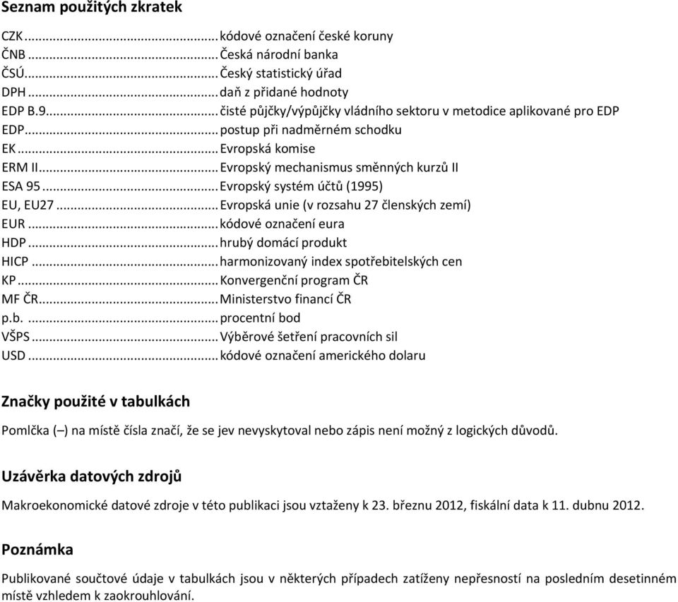 ..Evropský systém účtů (1995) EU, EU27...Evropská unie (v rozsahu 27 členských zemí) EUR...kódové označení eura HDP...hrubý domácí produkt HICP...harmonizovaný index spotřebitelských cen KP... MF ČR.