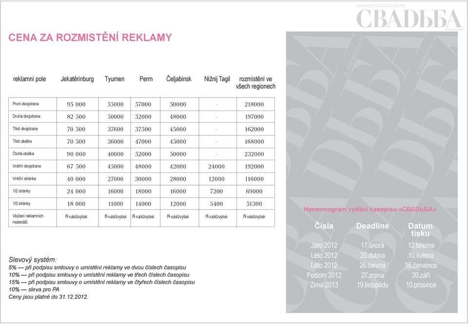 42000 24000 192000 Vnitřní stránka 40 000 27000 30000 28000 12000 116000 1/2 stránky 24 000 16000 18000 16000 7200 69000 1/3 stránky Vložení reklamních materiálů 18 000 8 rublů/výtisk 11000 8