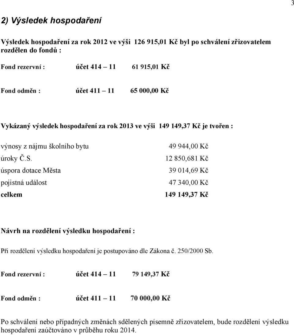 úspora dotace Města pojistná událost celkem 49 944,00 Kč 12 850,681 Kč 39 014,69 Kč 47 340,00 Kč 149 149,37 Kč Návrh na rozdělení výsledku hospodaření : Při rozdělení výsledku hospodaření je