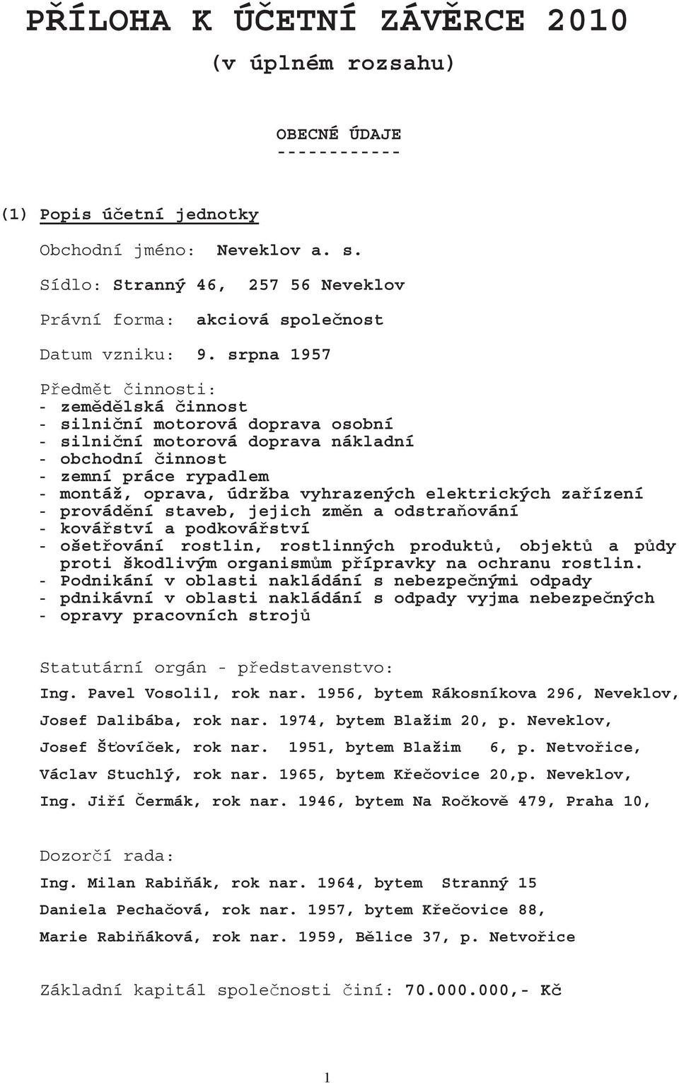 srpna 1957 P edm t innosti: - zem d lská innost - silni ní motorová doprava osobní - silni ní motorová doprava nákladní - obchodní innost - zemní práce rypadlem - montáž, oprava, údržba vyhrazených