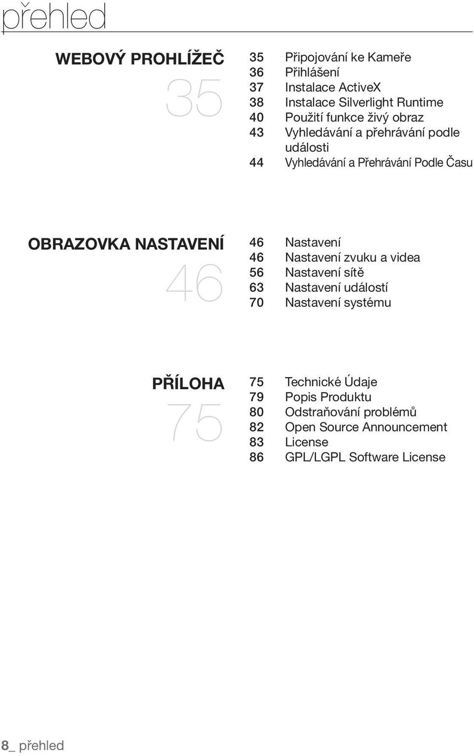 NASTAVENÍ 46 46 Nastavení 46 Nastavení zvuku a videa 56 Nastavení sítě 63 Nastavení událostí 70 Nastavení systému PŘÍLOHA 75