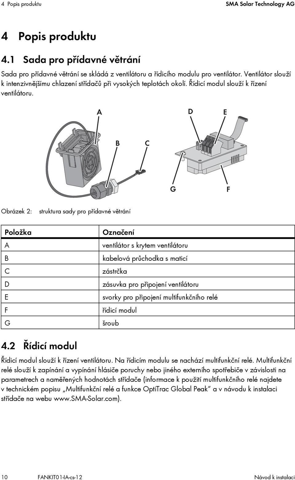 A D E B C G F Obrázek 2: Položka A B C D E F G struktura sady pro přídavné větrání Označení ventilátor s krytem ventilátoru kabelová průchodka s maticí zástrčka zásuvka pro připojení ventilátoru