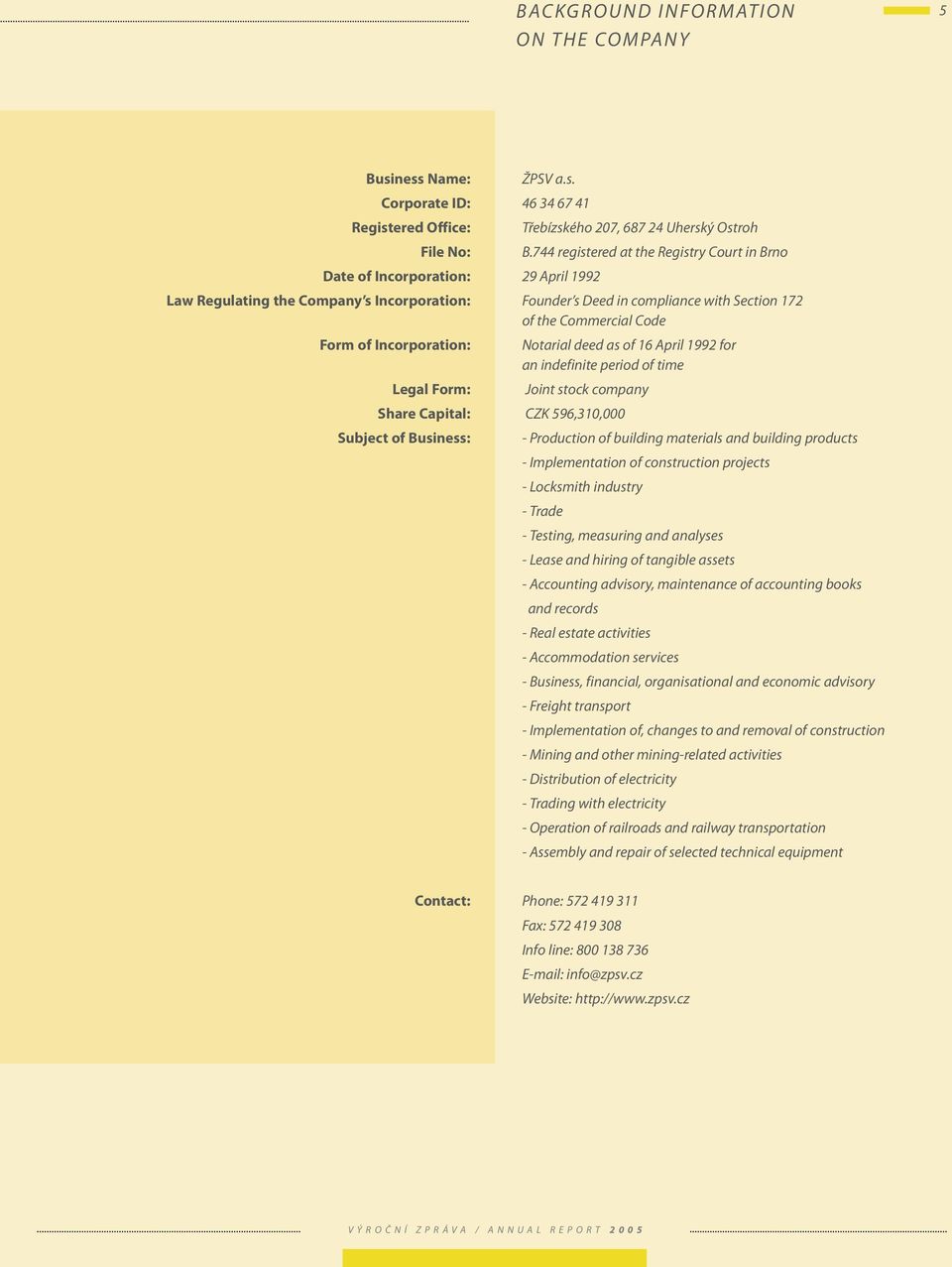 Notarial deed as of 16 April 1992 for an indefinite period of time Joint stock company Share Capital: CZK 596,310,000 Subject of Business: - Production of building materials and building products -