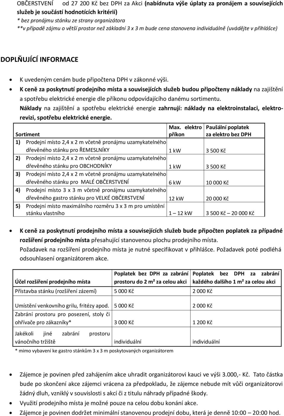 K ceně za poskytnutí prodejního místa a souvisejících služeb budou připočteny náklady na zajištění a spotřebu elektrické energie dle příkonu odpovídajícího danému sortimentu.
