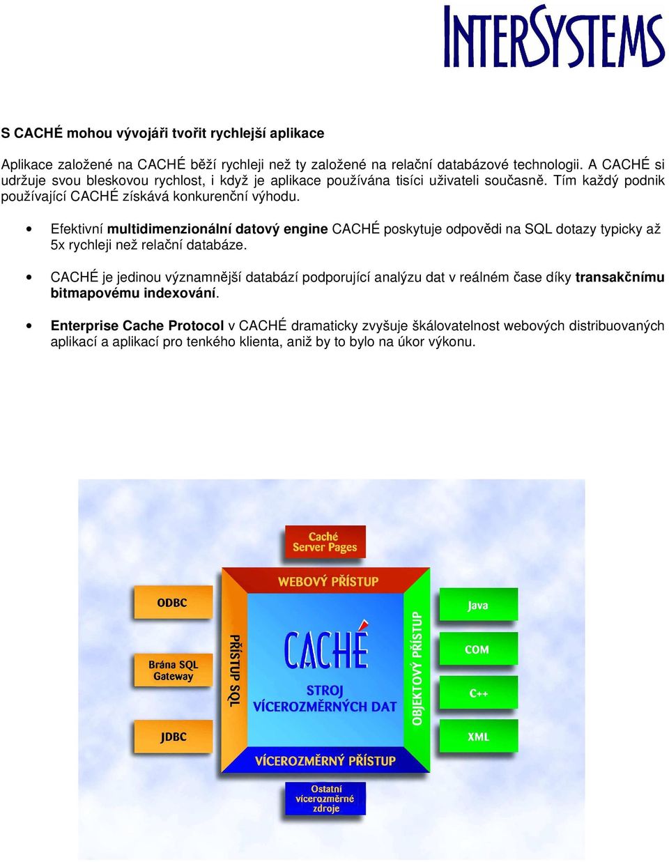 Efektivní multidimenzionální datový engine CACHÉ poskytuje odpovědi na SQL dotazy typicky až 5x rychleji než relační databáze.