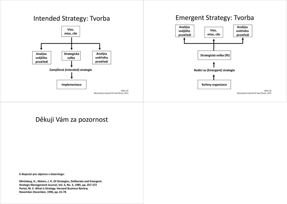 organizace VSM1-29 VSM1-30 Děkuji Vám za pozornost K dispozici pro zájemce v elearningu: Mintzberg, H., Waters, J. A.