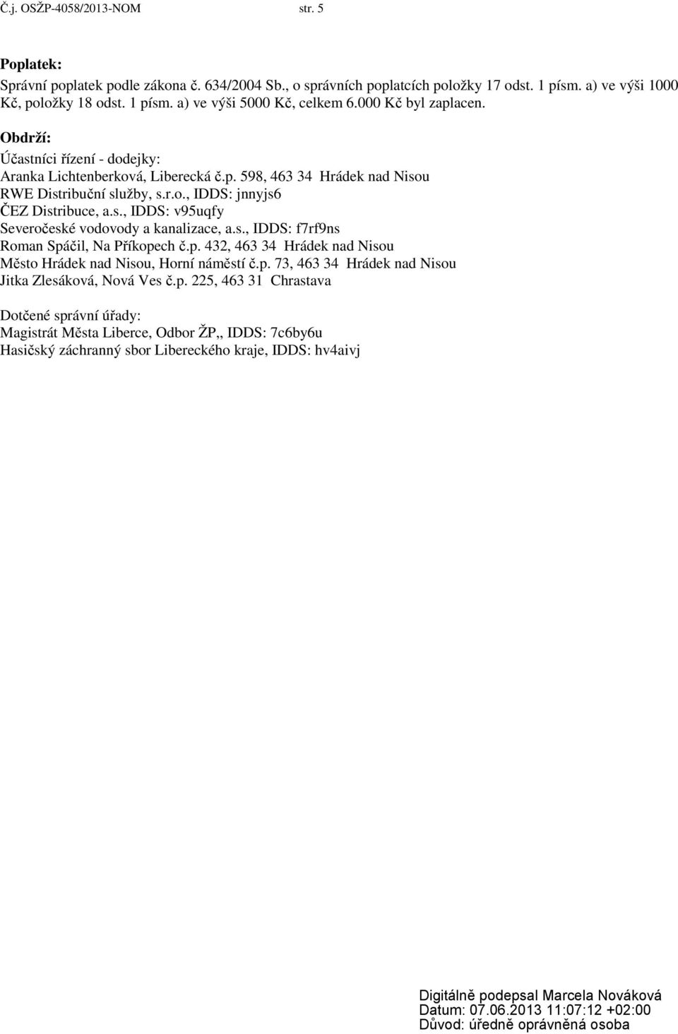 s., IDDS: f7rf9ns Roman Spáčil, Na Příkopech č.p. 432, 463 34 Hrádek nad Nisou Město Hrádek nad Nisou, Horní náměstí č.p. 73, 463 34 Hrádek nad Nisou Jitka Zlesáková, Nová Ves č.p. 225, 463 31 Chrastava Dotčené správní úřady: Magistrát Města Liberce, Odbor ŽP,, IDDS: 7c6by6u Hasičský záchranný sbor Libereckého kraje, IDDS: hv4aivj