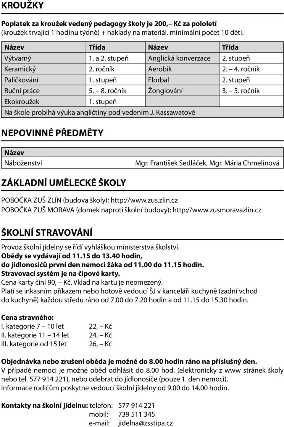 stupeň Na škole probíhá výuka angličtiny pod vedením J. Kassawatové NEPOVINNÉ PŘEDMĚTY Název Náboženství Mgr. František Sedláček, Mgr.