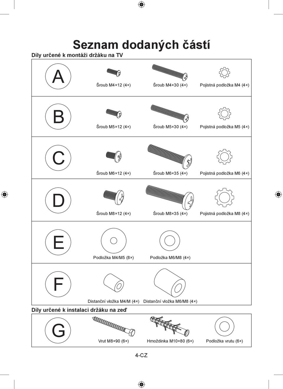 12 (4 ) Šroub M8 35 (4 ) Pojistná podložka M8 (4 ) Podložka M4/M5 (8 ) Podložka M6/M8 (4 ) Distanční vložka M4/M (4 )