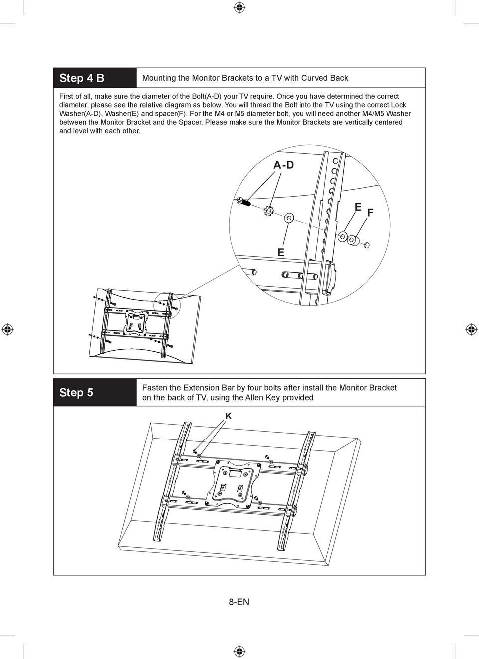 You will thread the Bolt into the TV using the correct Lock Washer(A-D), Washer(E) and spacer(f).