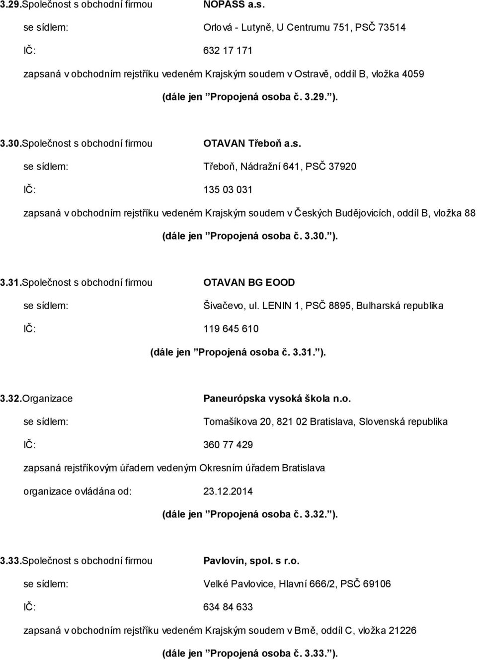 3.30. ). 3.31.Společnost s obchodní firmou OTAVAN BG EOOD Šivačevo, ul. LENIN 1, PSČ 8895, Bulharská republika IČ: 119 645 610 (dále jen Propojená osoba č. 3.31. ). 3.32.