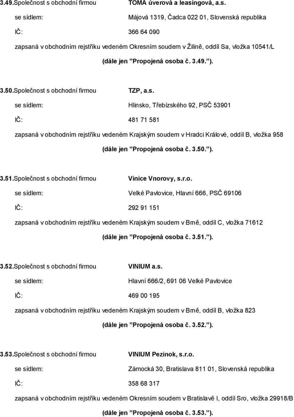 3.50. ). 3.51.Společnost s obchodní firmou Vinice Vnorovy, s.r.o. Velké Pavlovice, Hlavní 666, PSČ 69106 IČ: 292 91 151 zapsaná v obchodním rejstříku vedeném Krajským soudem v Brně, oddíl C, vložka 71612 (dále jen Propojená osoba č.