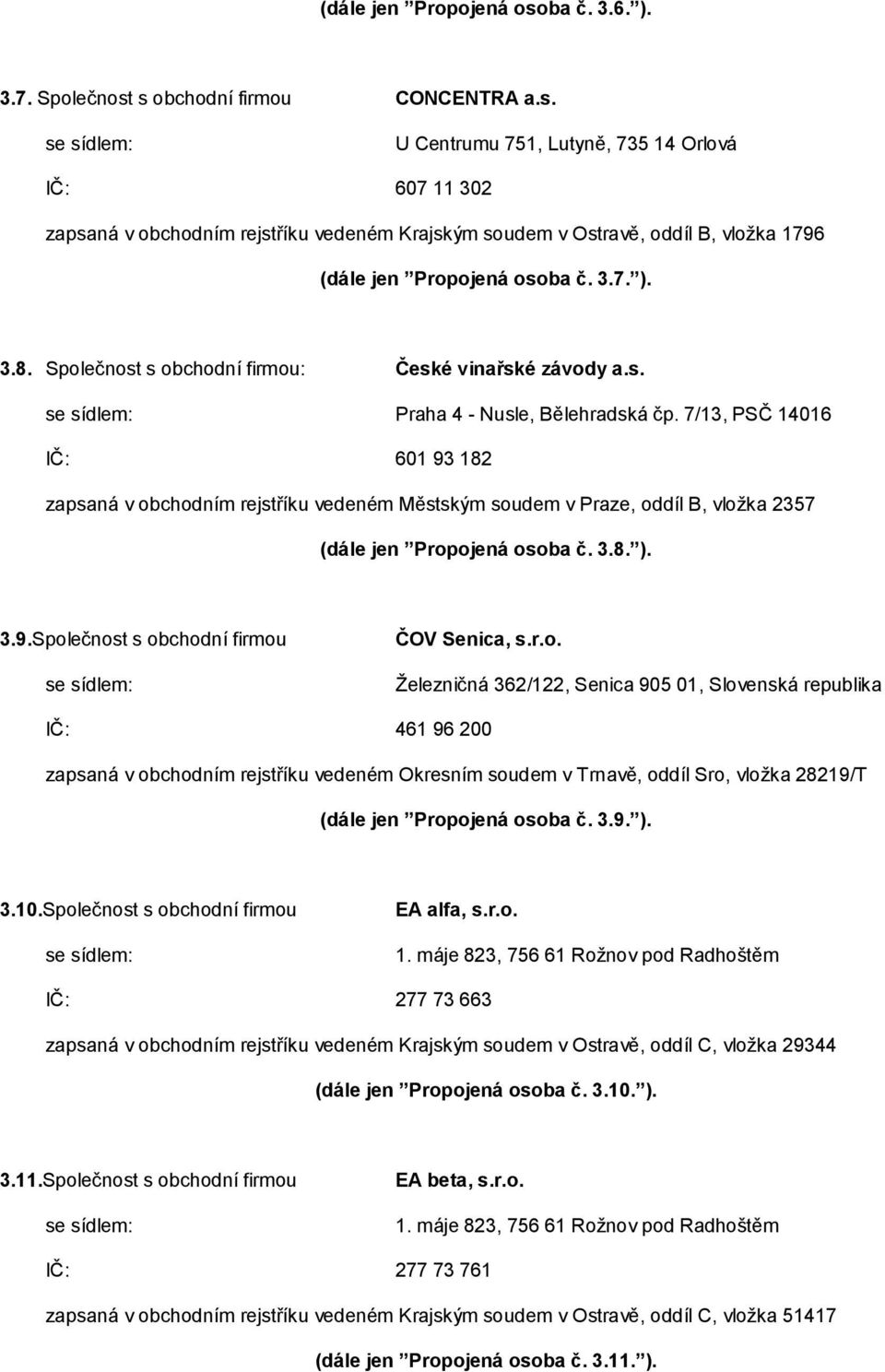 7/13, PSČ 14016 IČ: 601 93 182 zapsaná v obchodním rejstříku vedeném Městským soudem v Praze, oddíl B, vložka 2357 (dále jen Propojená osoba č. 3.8. ). 3.9.Společnost s obchodní firmou ČOV Senica, s.