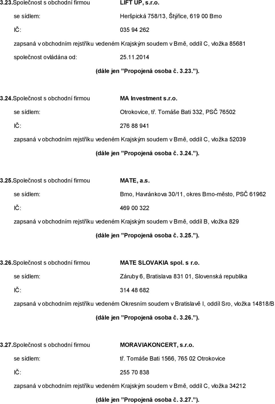 Tomáše Bati 332, PSČ 76502 IČ: 276 88 941 zapsaná v obchodním rejstříku vedeném Krajským soudem v Brně, oddíl C, vložka 52039 (dále jen Propojená osoba č. 3.24. ). 3.25.