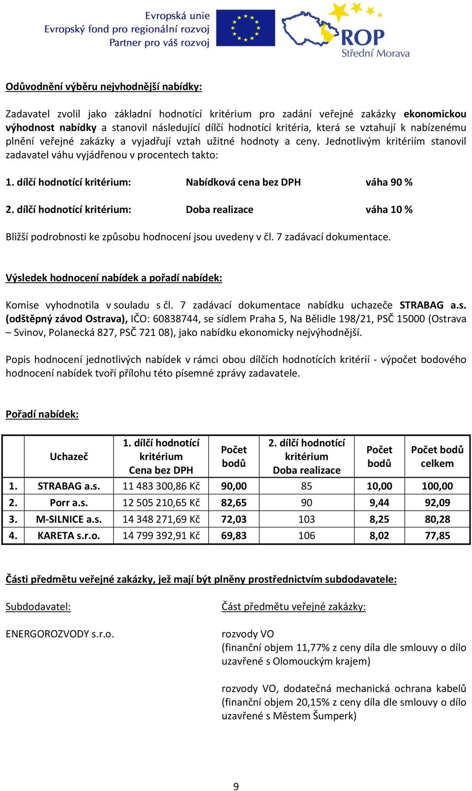 : Doba realizace 10 % Bližší podrobnosti ke způsobu hodnocení jsou uvedeny v čl. 7 zadávací dokumentace. Výsledek hodnocení nabídek a pořadí nabídek: Komise vyhodnotila v souladu s čl.