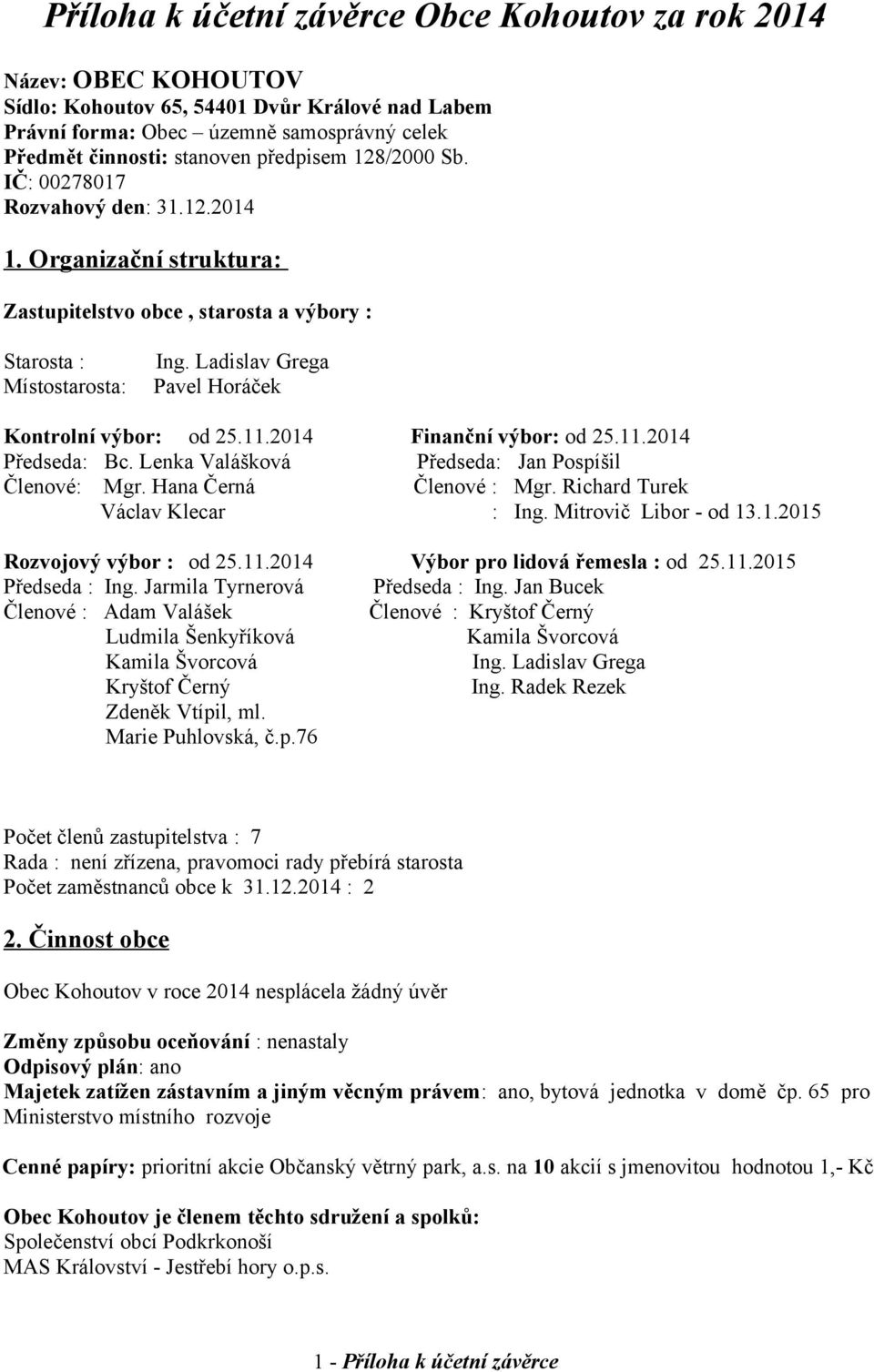 Ladislav Grega Místostarosta: Pavel Horáček Kontrolní výbor: od 25.11.2014 Finanční výbor: od 25.11.2014 Předseda: Bc. Lenka Valášková Předseda: Jan Pospíšil Členové: Mgr. Hana Černá Členové : Mgr.