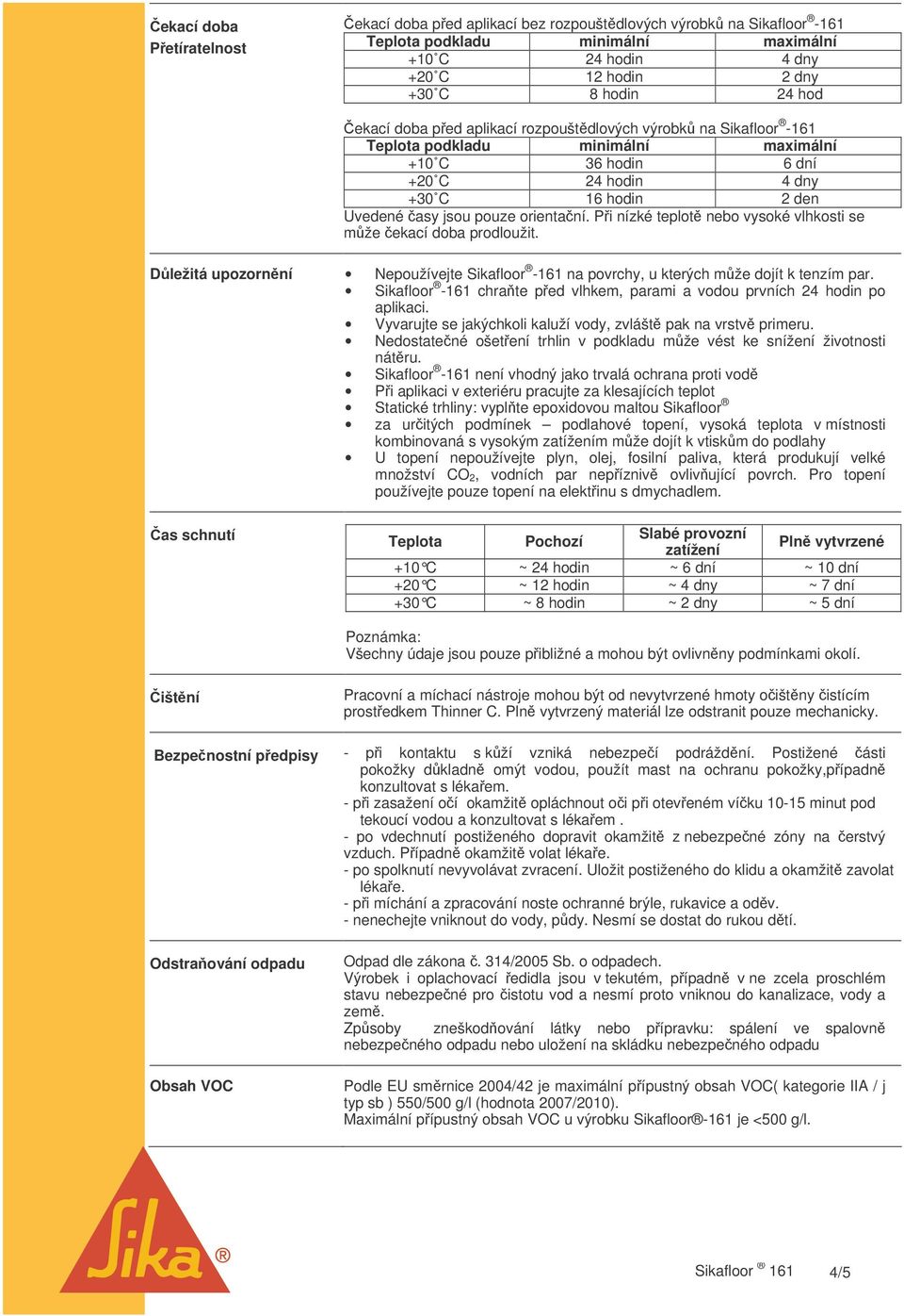 Pi nízké teplot nebo vysoké vlhkosti se mže ekací doba prodloužit. Dležitá upozornní Nepoužívejte Sikafloor -161 na povrchy, u kterých mže dojít k tenzím par.