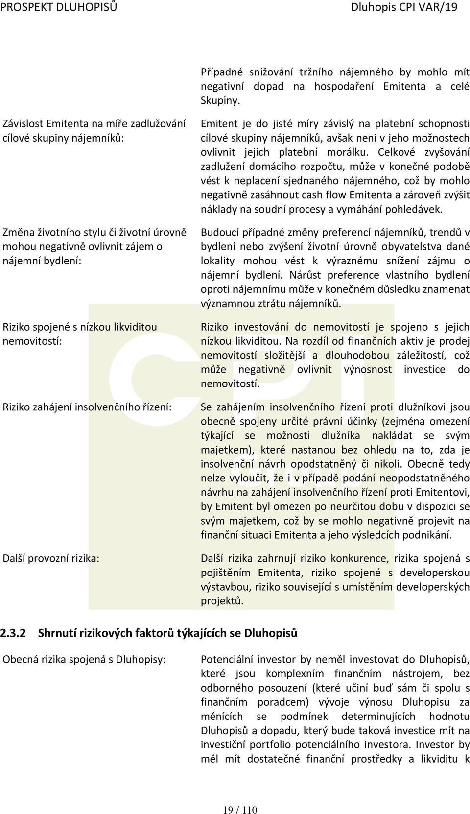 nemovitostí: Riziko zahájení insolvenčního řízení: Další provozní rizika: Emitent je do jisté míry závislý na platební schopnosti cílové skupiny nájemníků, avšak není v jeho možnostech ovlivnit