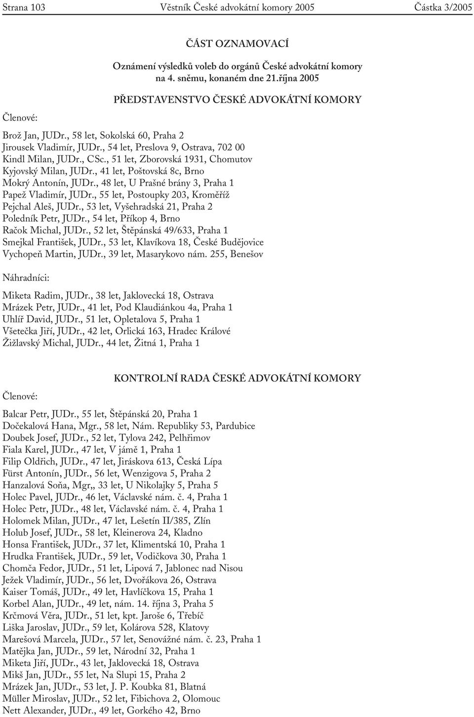 , 48 let, U Prašné brány 3, Praha 1 Papež Vladimír, JUDr., 55 let, Postoupky 203, Kroměříž Pejchal Aleš, JUDr., 53 let, Vyšehradská 21, Praha 2 Poledník Petr, JUDr.