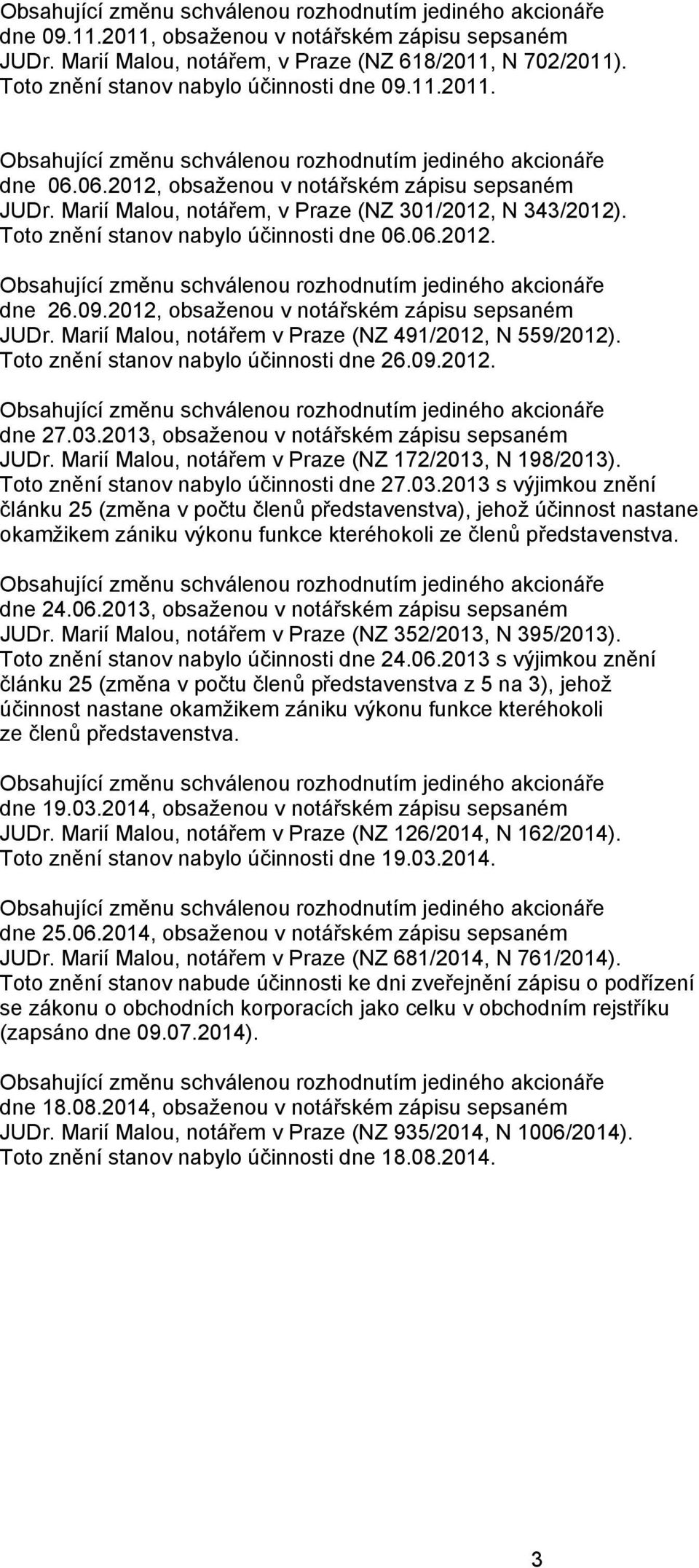 2012, obsaženou v notářském zápisu sepsaném JUDr. Marií Malou, notářem v Praze (NZ 491/2012, N 559/2012). Toto znění stanov nabylo účinnosti dne 26.09.2012. dne 27.03.